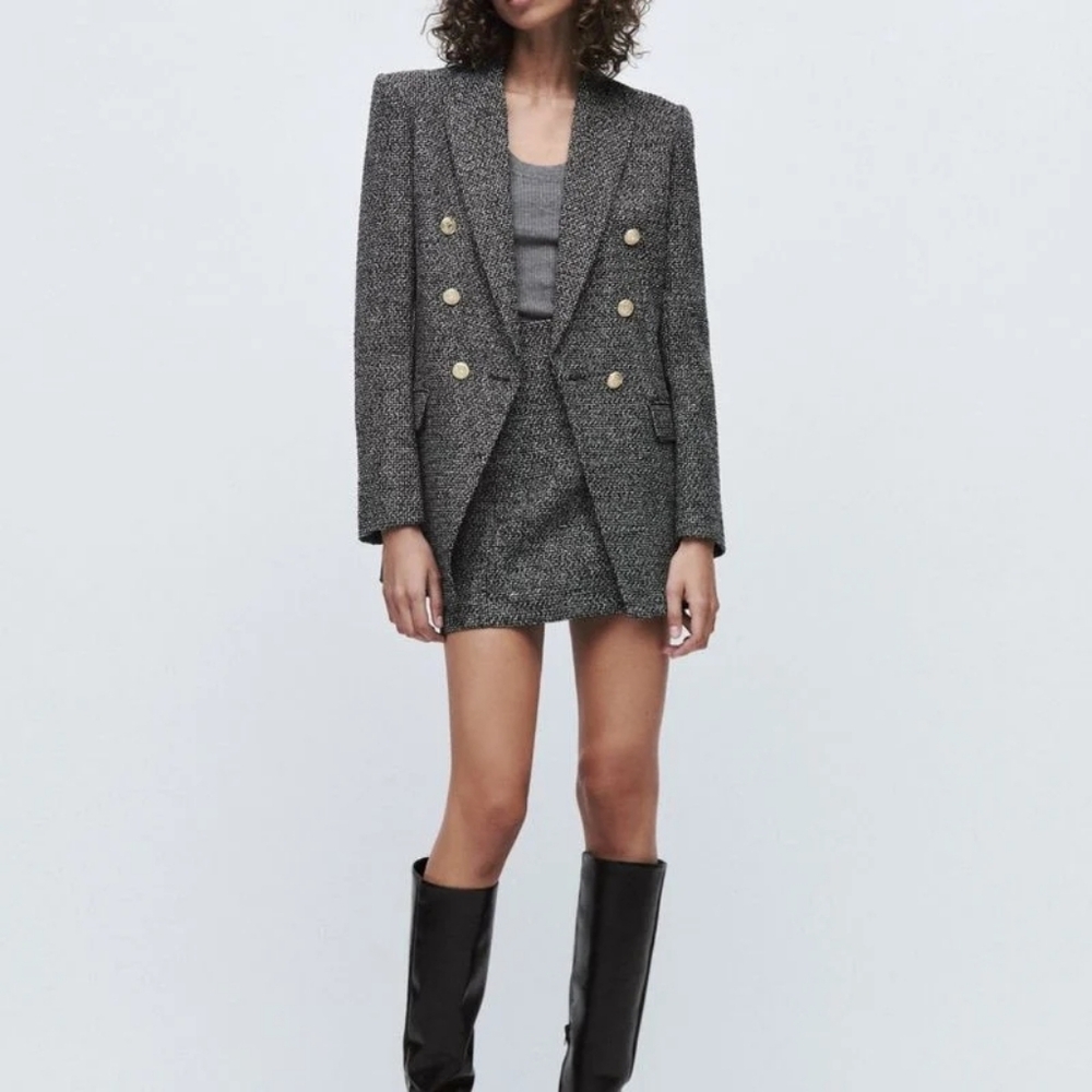 Zara Boucle textured Black Textured Double-breasted Jacket Blazer Small